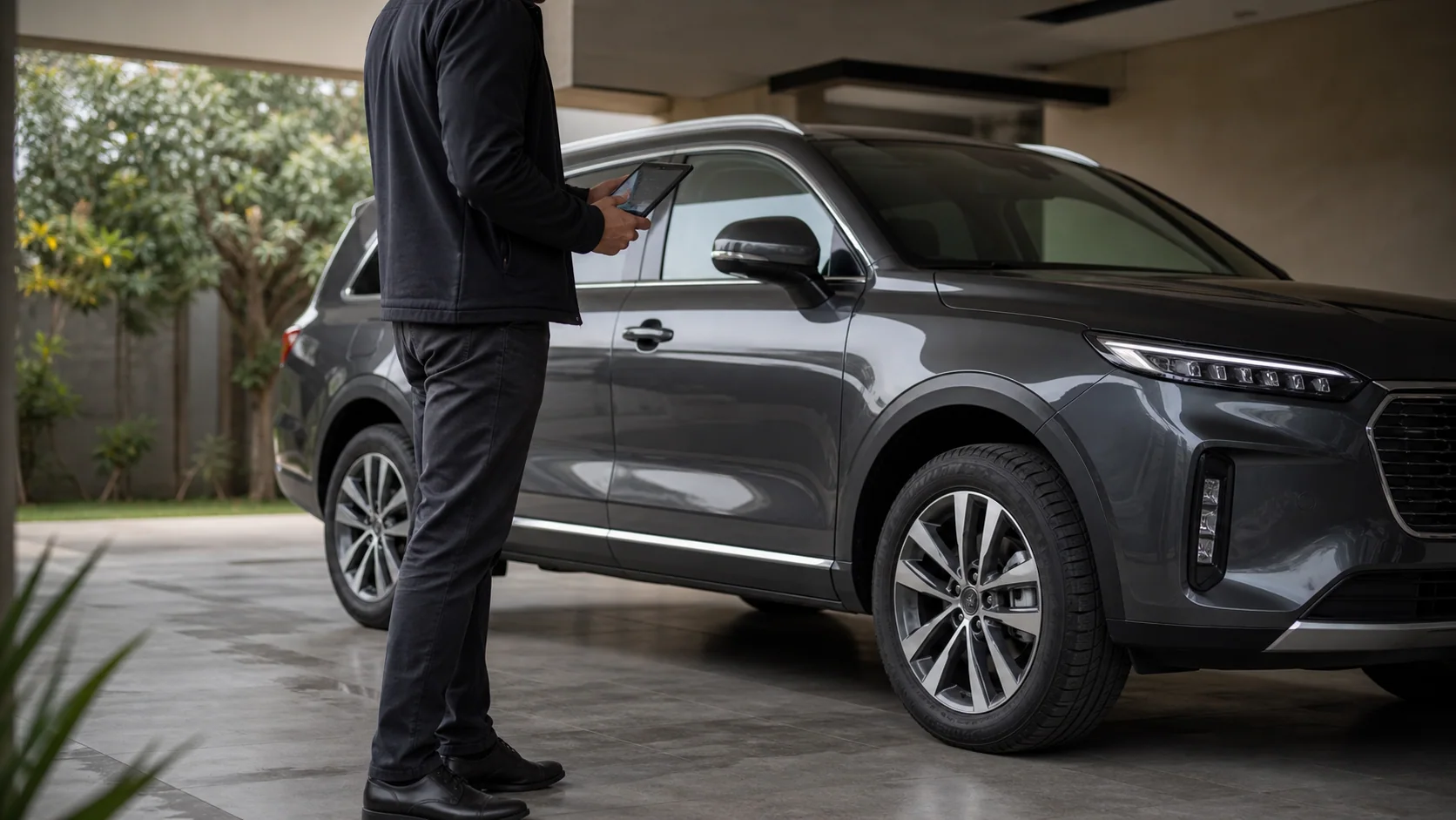 Especialista inspeccionando una SUV premium durante una tasación profesional