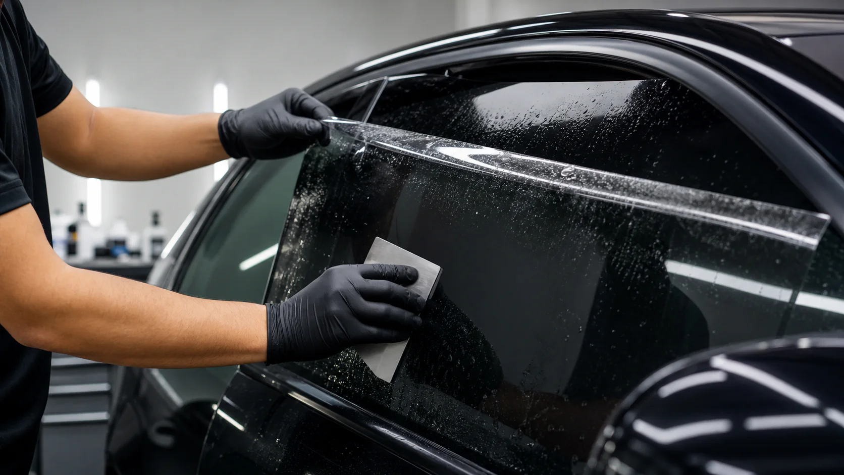 Protección instalada profesionalmente Instalación profesional de una lámina protectora en un vehículo premium