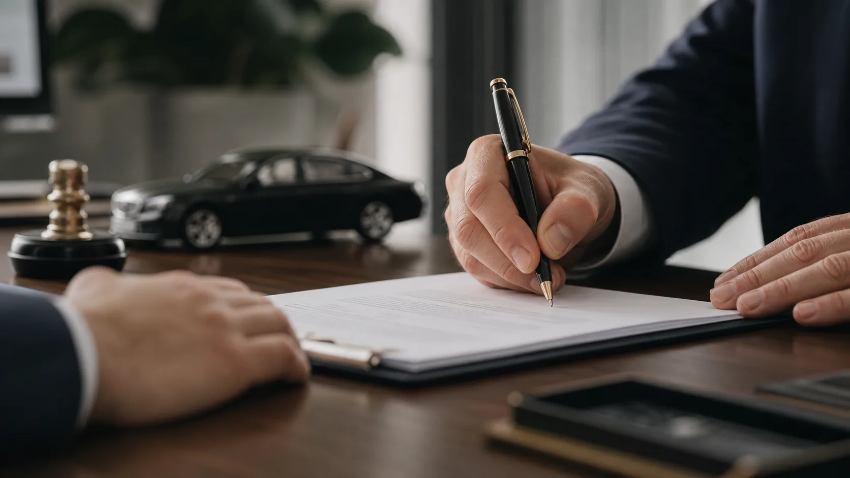 Firma de documentos de venta vehicular en un entorno formal de notaría