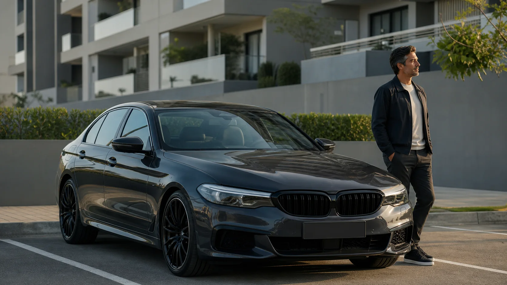 Propietario junto a su BMW usado en un estacionamiento de Lima