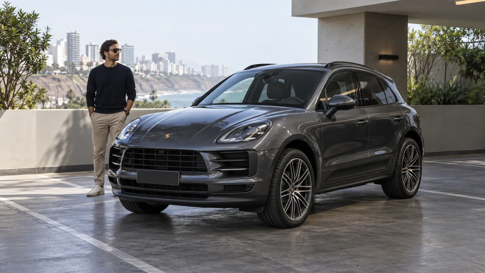 Propietario junto a un Porsche usado en un estacionamiento privado de Lima