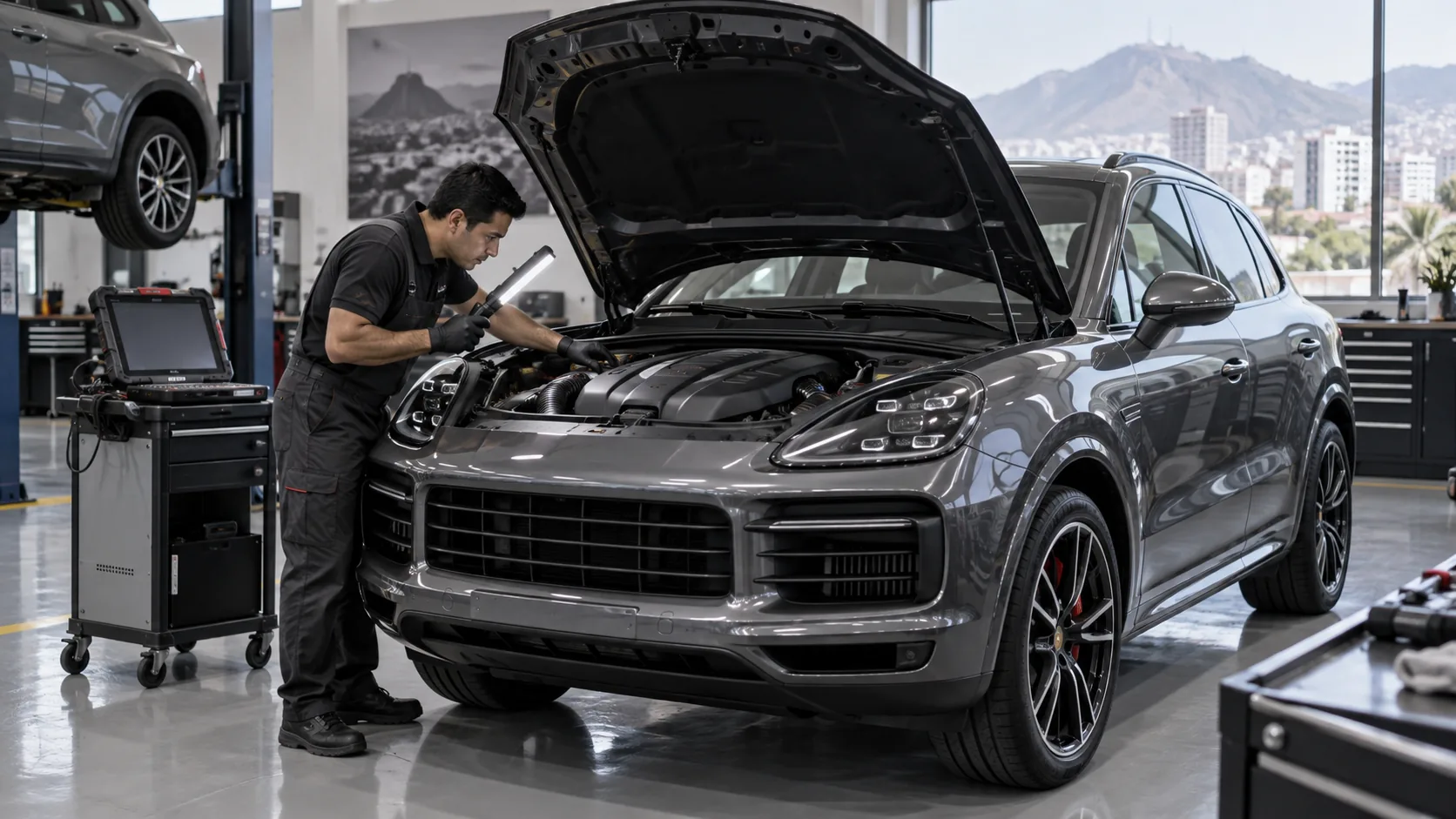 Inspección independiente Especialista inspeccionando un Porsche usado en taller