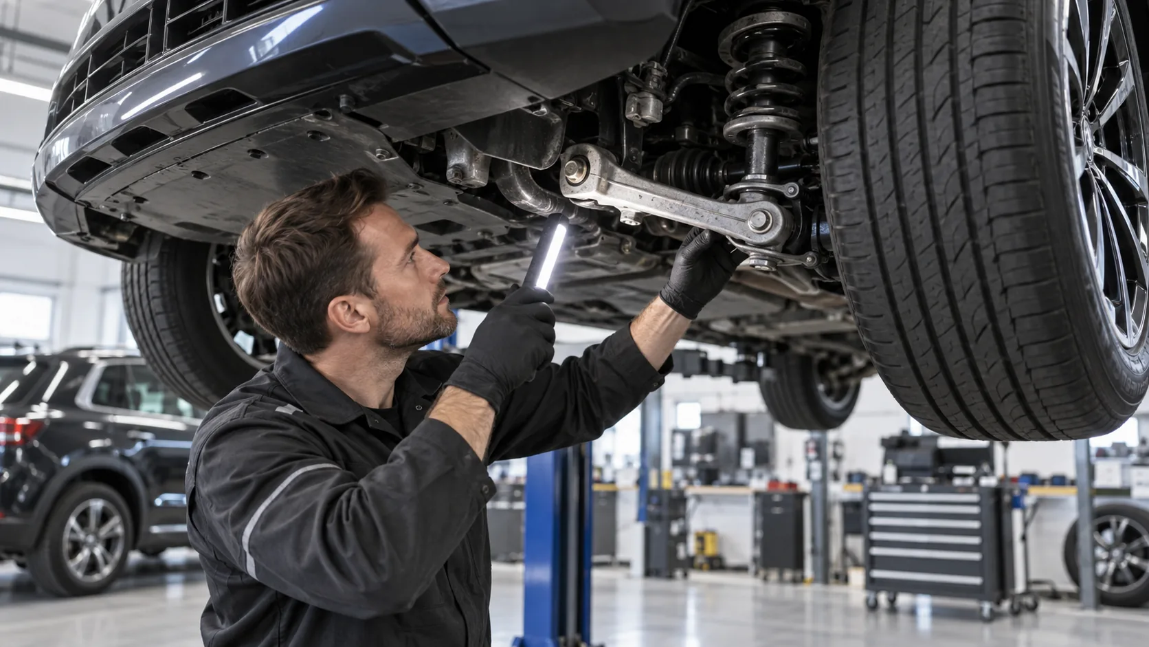Suspensión y neumáticos Inspección de suspensión y neumáticos de una SUV premium