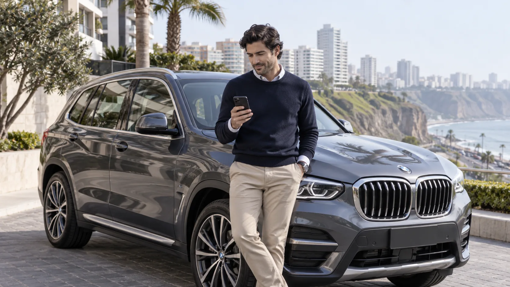 Propietario revisando mensajes junto a un auto premium en Lima